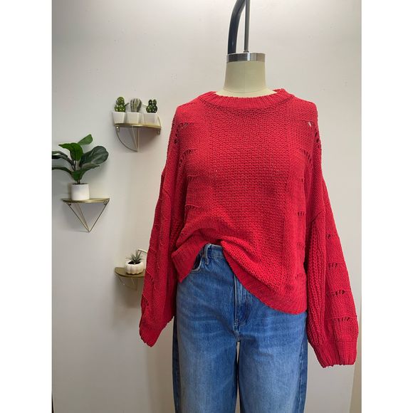 Willow & Wind Tops - Red Sweater Oversized W/ Bubble Sleeves